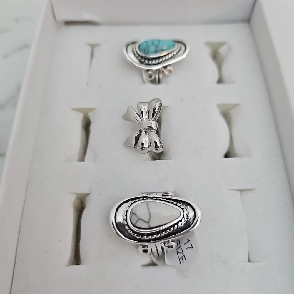 3pc Fashion Ring Set Silver Bow Blue Stone White Stone Country Girl Southwestern